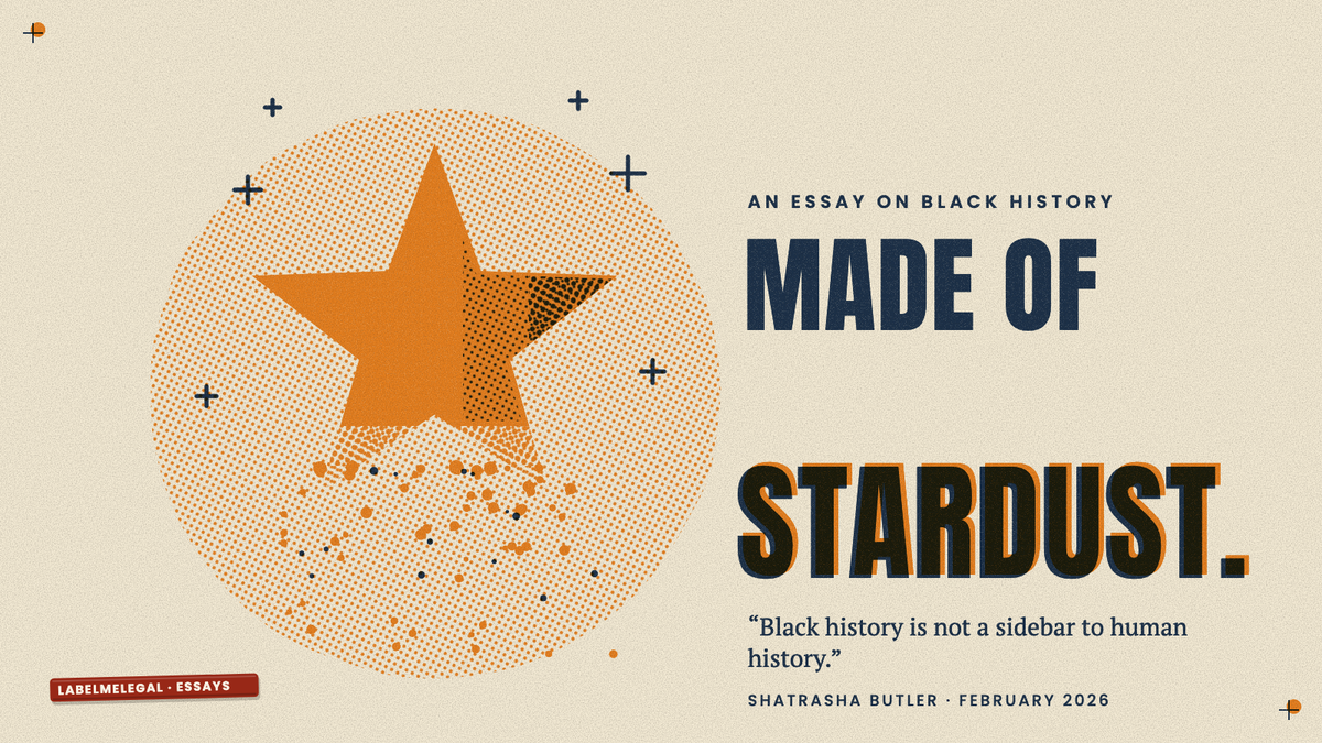 A bright star whose lower points dissolve into a fall of scattered dust, printed in two inks beside the words Made of stardust.