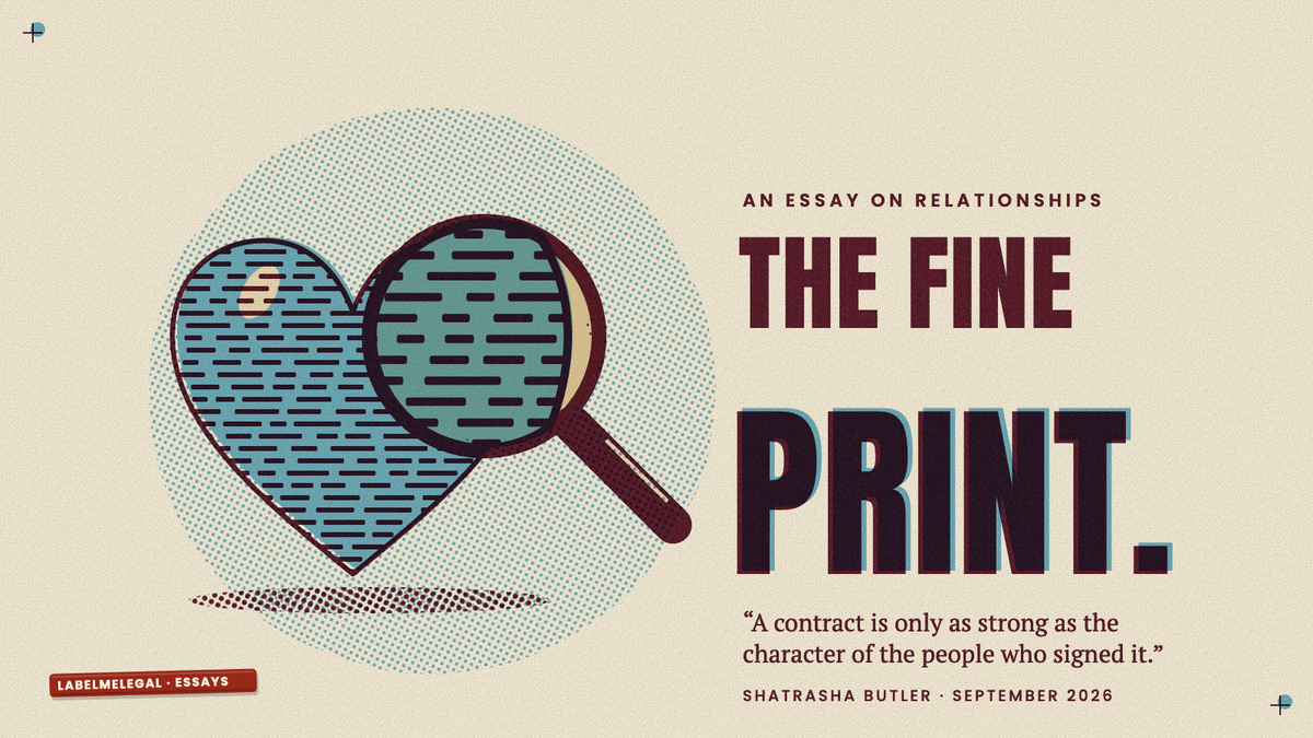 A blue heart filled with rows of fine print, with a magnifying glass held over its edge enlarging the lines, printed in two inks beside the words The fine print.