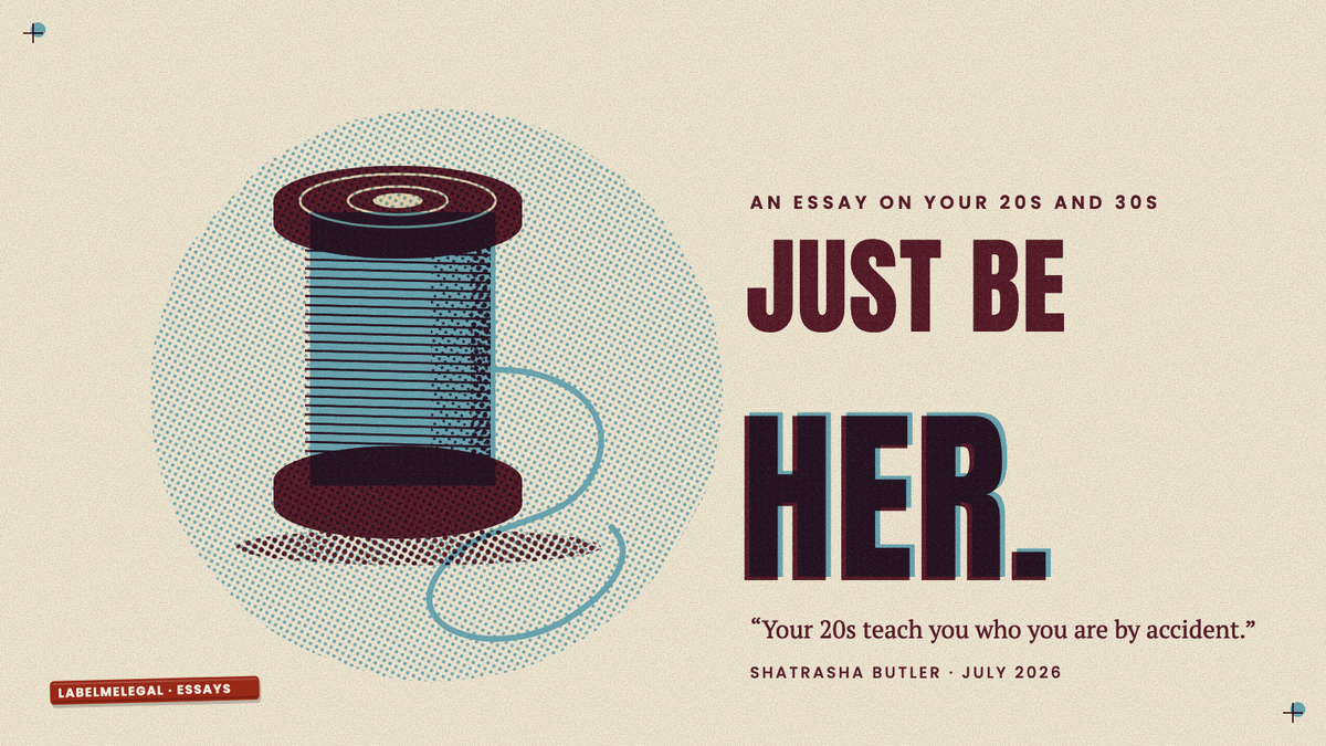 A wooden spool wound with blue thread, its loose end trailing off in loops, printed in two inks beside the words Just be her.