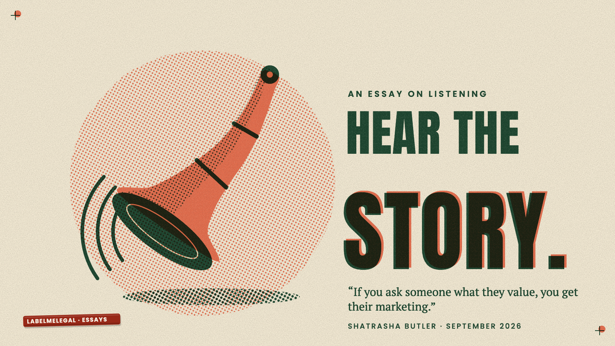 An old-fashioned coral ear trumpet with sound arcs entering its bell, printed in two inks beside the words Hear the story.
