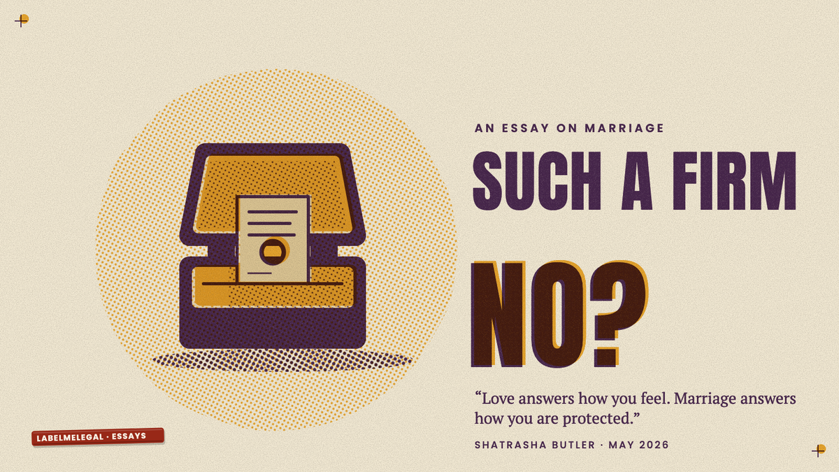 An open purple ring box with a gold lining, and standing in the slot where the ring would be, a folded document with a wax seal, printed in two inks beside the words Such a firm no.