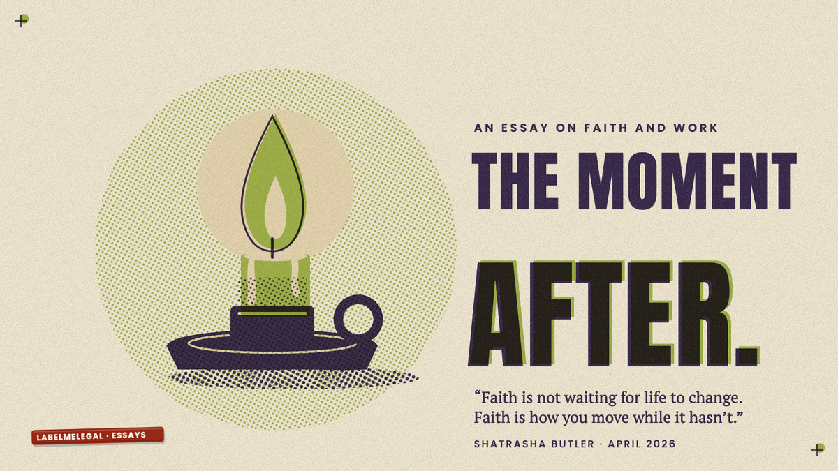 A candle burned down to a short stub in its holder, still carrying a tall flame, printed in two inks beside the words The moment after.