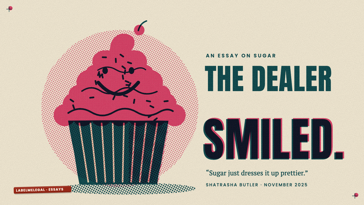 A pink cupcake with a smile piped in its frosting, in a teal wrapper, printed in two inks beside the words The dealer smiled.