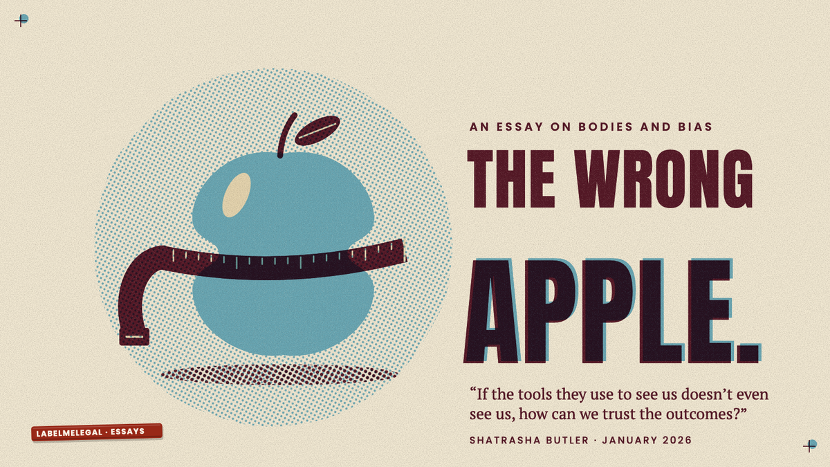A blue apple with a tape measure cinched tight around its middle, the tape's end hanging loose, printed in two inks beside the words The wrong apple.