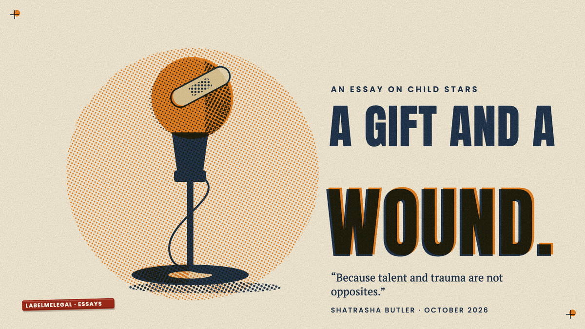 A stage microphone on its stand with a sticking plaster across its head, printed in two inks beside the words A gift and a wound.