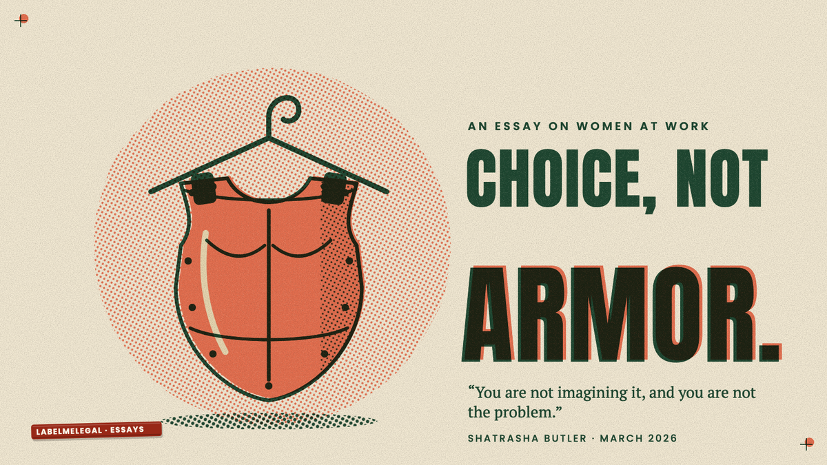 A coral breastplate of armor hanging from a wire coat hanger as if it were office clothing, printed in two inks beside the words Choice, not armor.