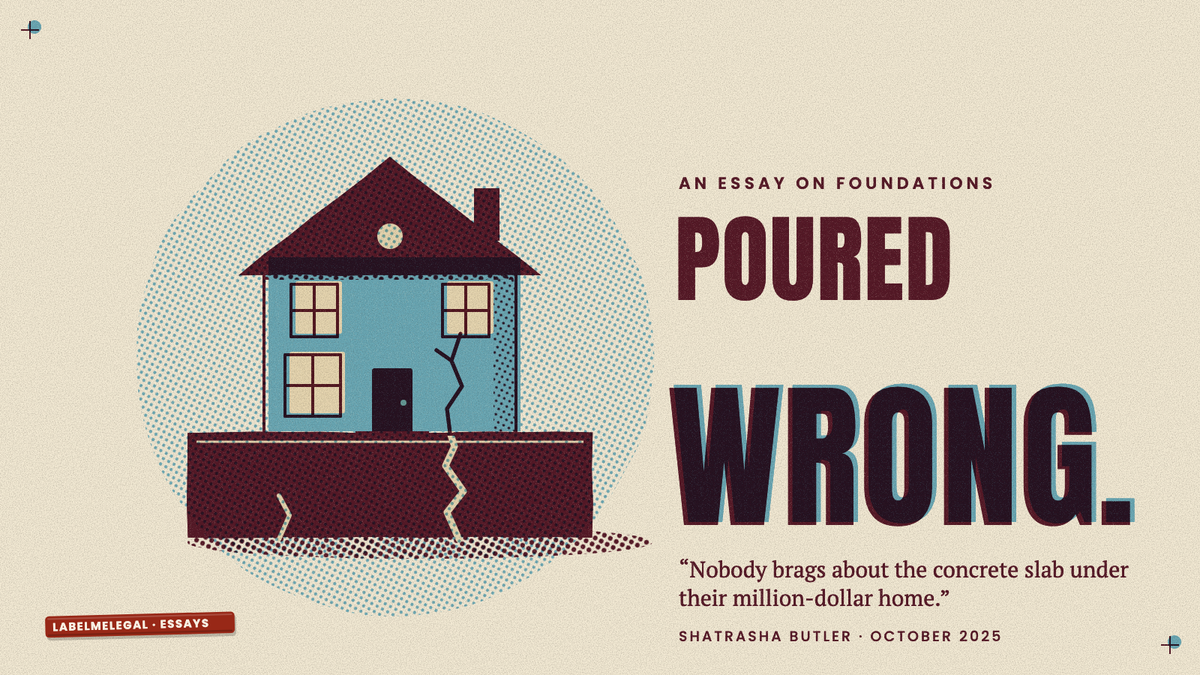 A neat little house standing on a thick concrete slab that is cracking from the bottom up, printed in two inks beside the words Poured wrong.