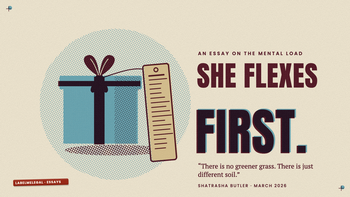 A blue wrapped gift with a dark bow, and hanging from the bow a long tag crowded with fine print, printed in two inks beside the words She flexes first.