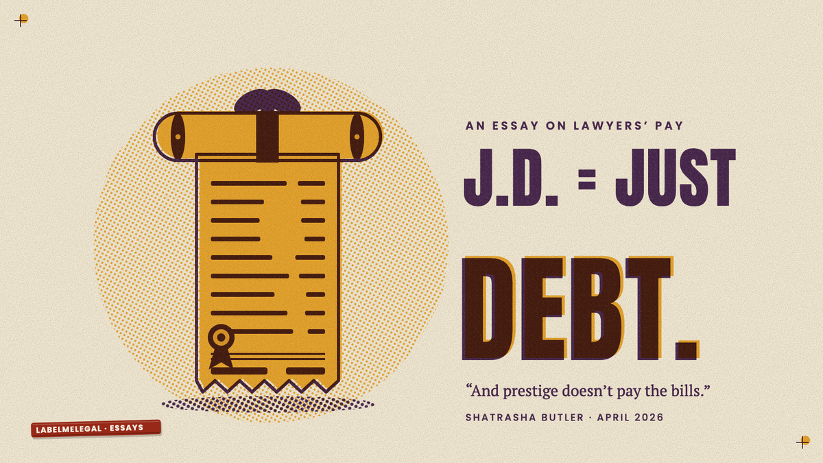 A rolled diploma tied with a ribbon, unrolling downward into a long till receipt with a torn end and a seal at the bottom, printed in two inks beside the words J.D. equals just debt.
