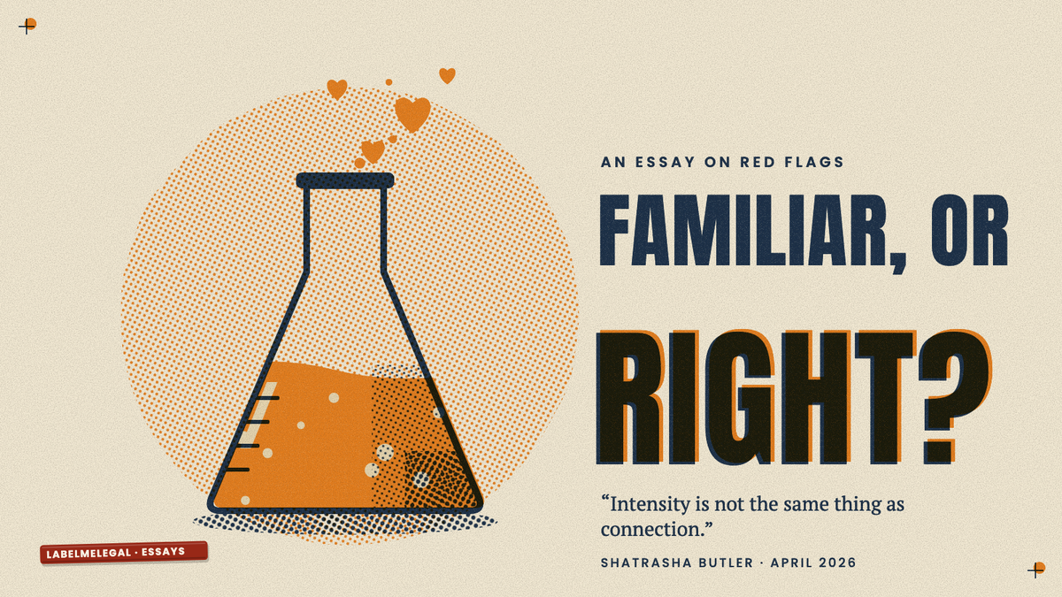 A laboratory flask of bubbling orange liquid with heart-shaped bubbles rising out of its neck, printed in two inks beside the words Familiar, or right?