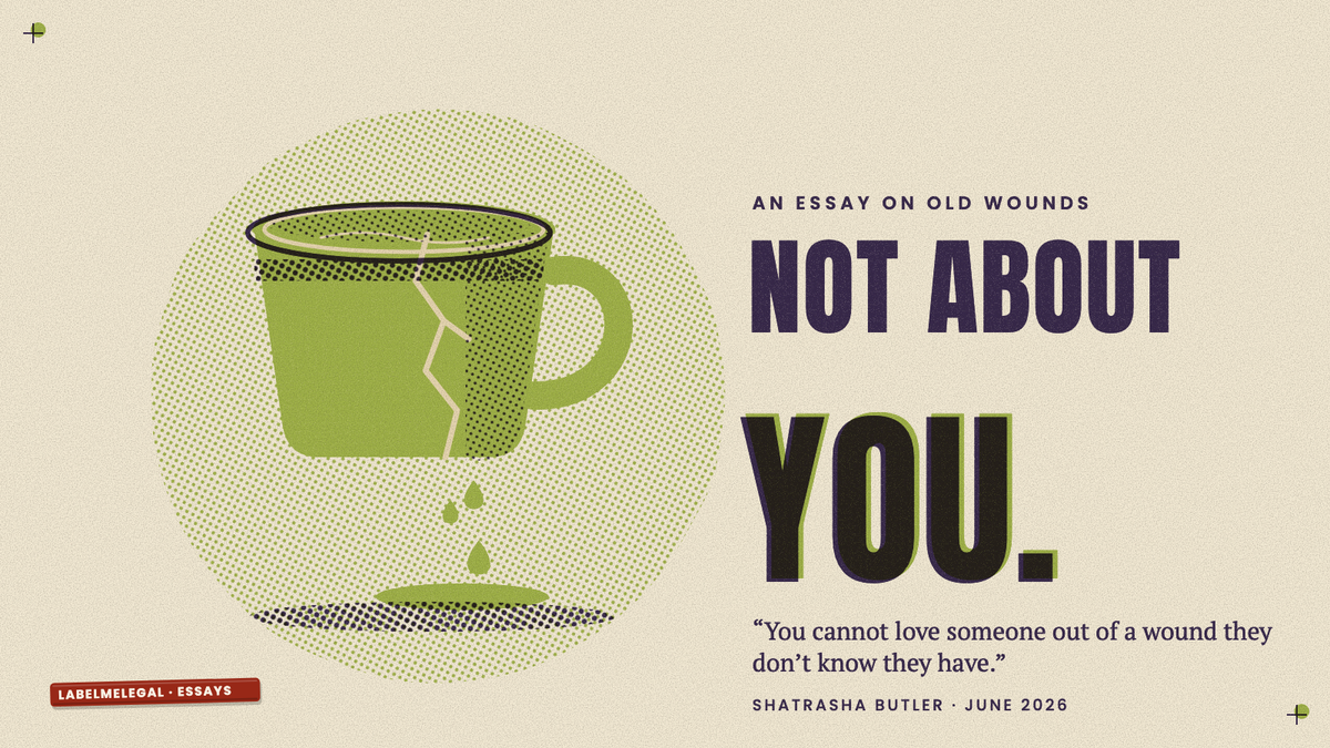 Water poured into a green teacup runs straight out through a crack in its side, printed in two inks beside the words Not about you.