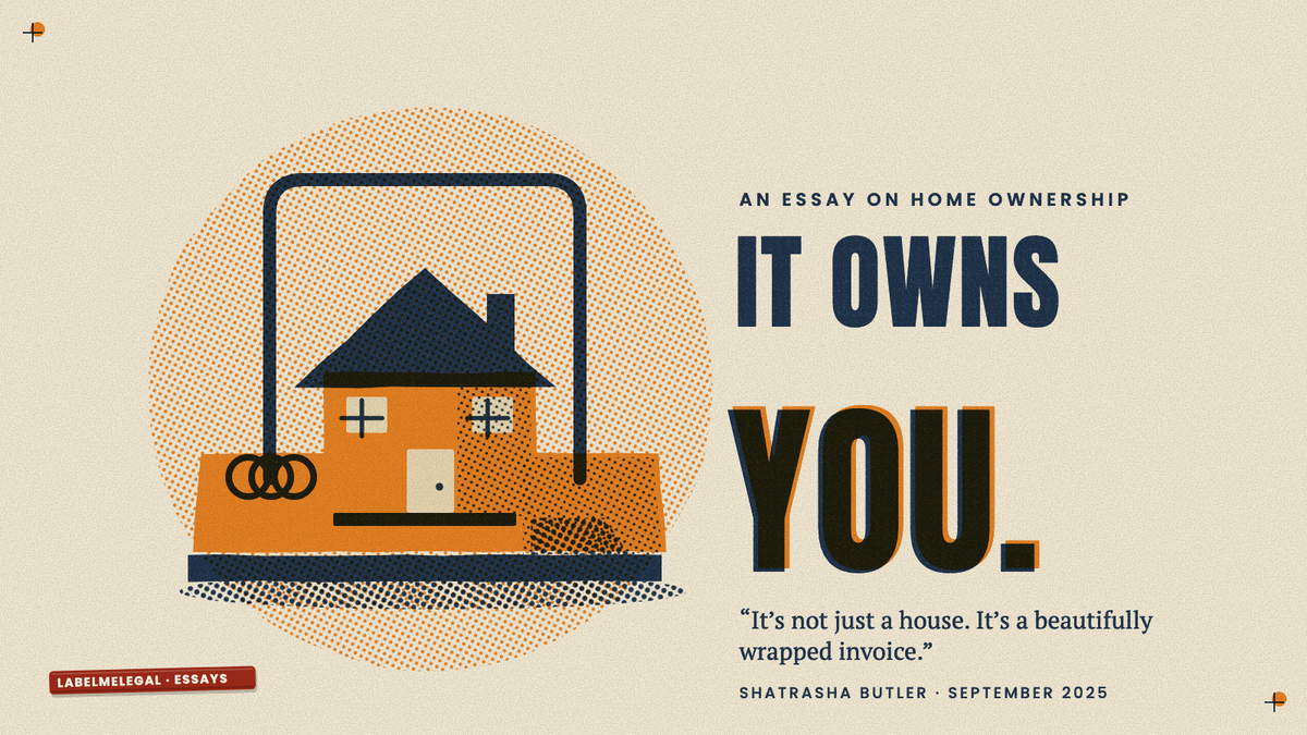 A small orange house sitting as the bait on a wooden mousetrap, printed in two inks beside the words It owns you.