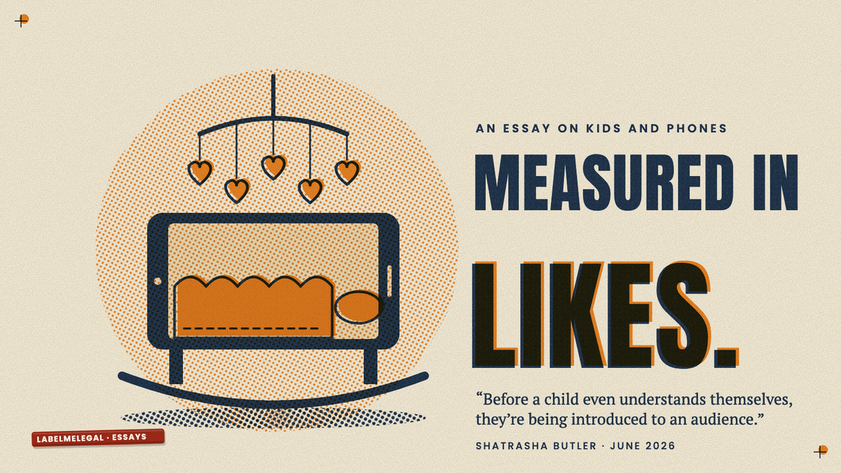 A phone lying on cradle rockers with a small blanket and pillow on its screen, and a baby mobile of hearts hanging above it, printed in two inks beside the words Measured in likes.