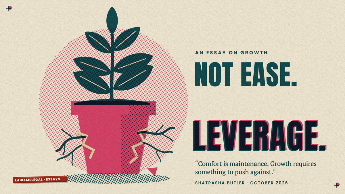 A plant that has outgrown its pink pot, roots breaking through cracks in the clay, printed in two inks beside the words Not ease. Leverage.