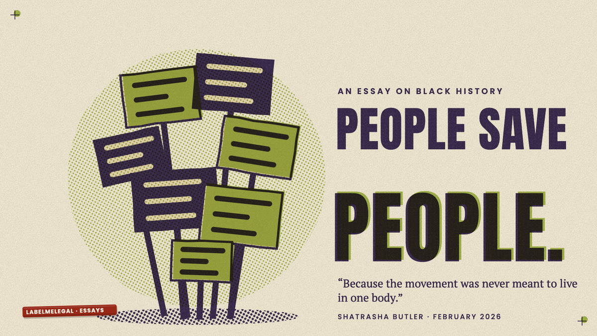 A crowd of protest placards on sticks, raised at different heights with no one holding them, printed in two inks beside the words People save people.