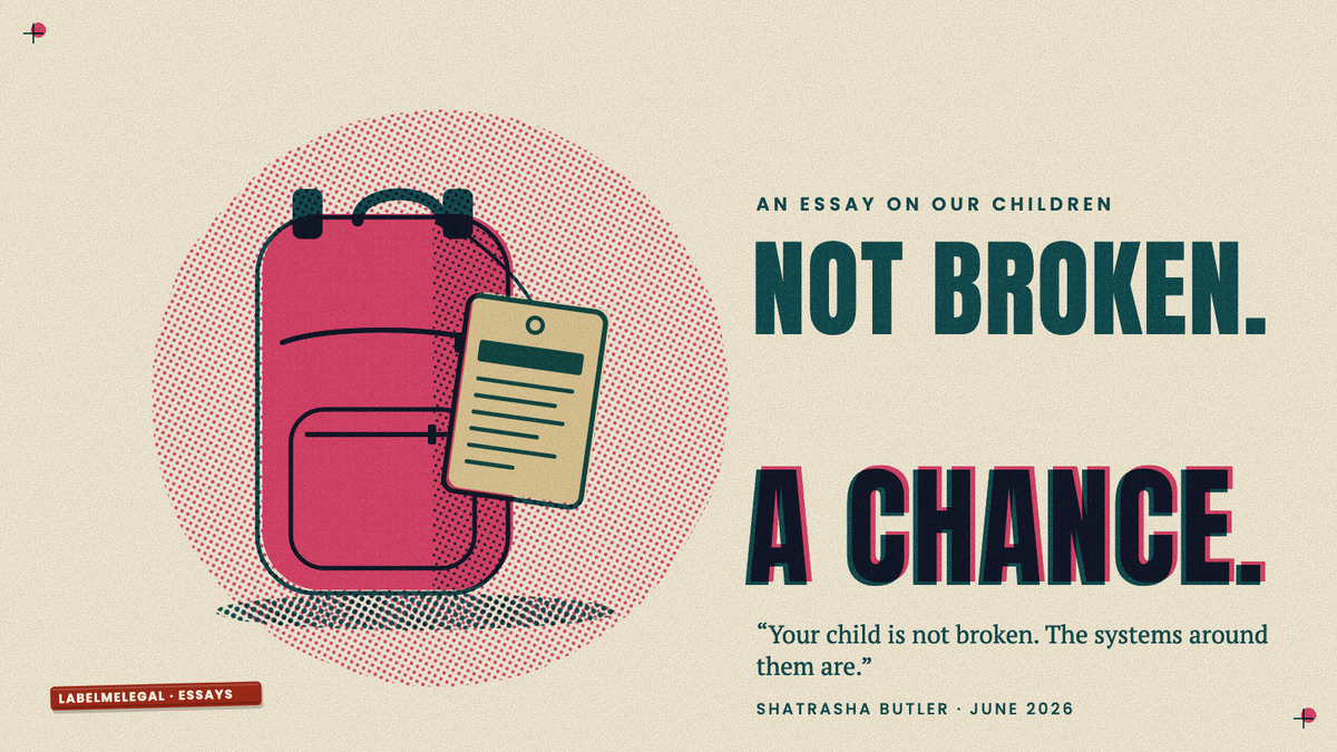 A small pink school backpack with an oversized luggage tag full of fine print tied to its handle, printed in two inks beside the words Not broken. A chance.