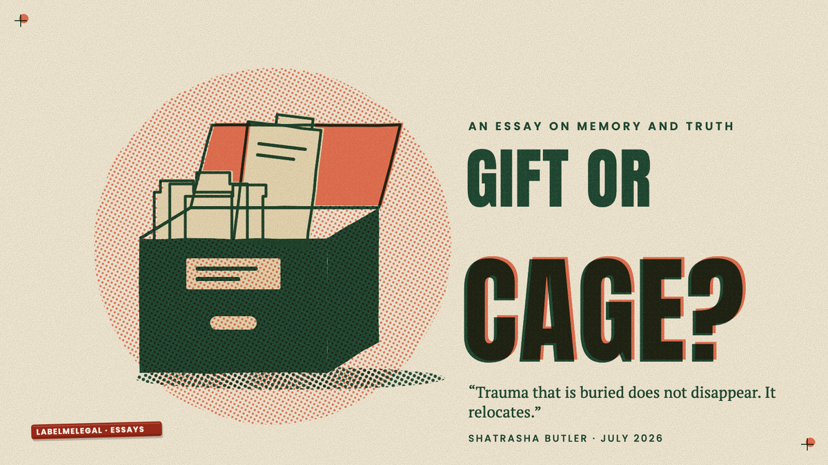 An archive box with its lid open and folders standing inside, one pulled partly out, printed in two inks beside the words Gift or cage.