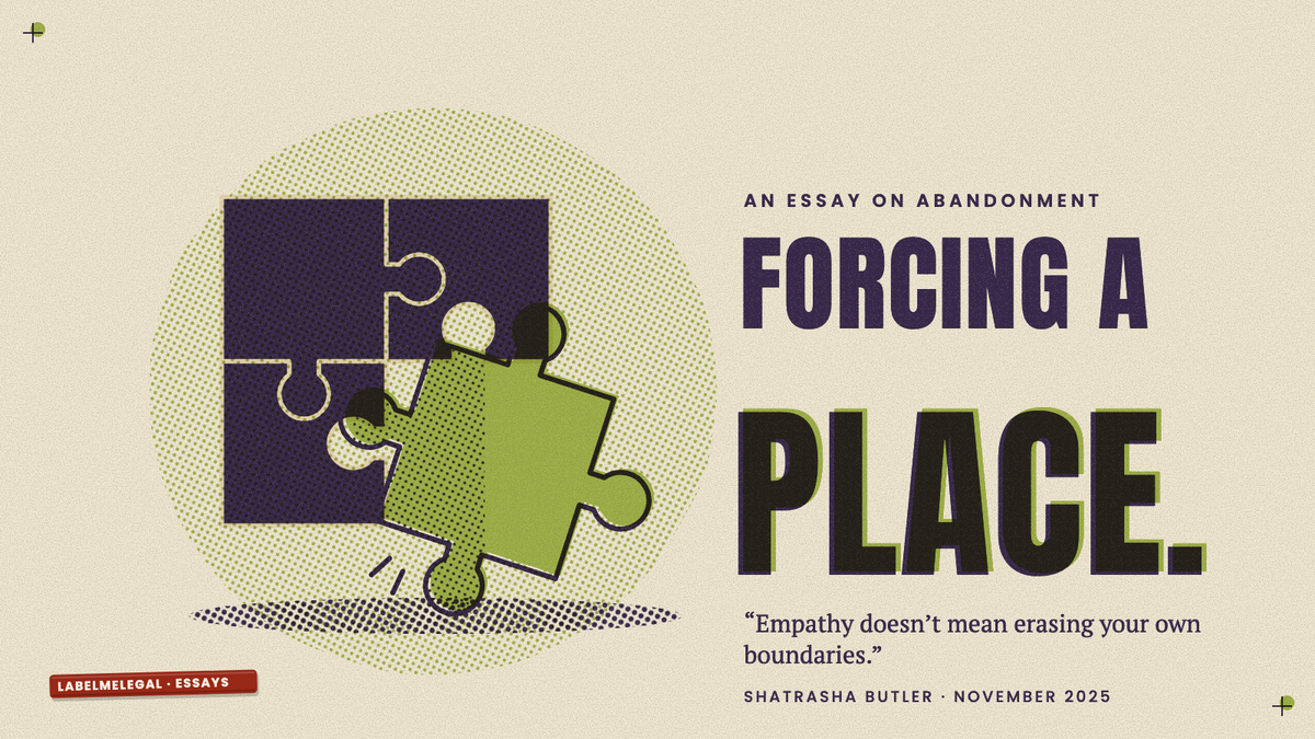 Three dark jigsaw pieces locked together with a gap, and a larger green piece pressed crookedly into the gap where it does not fit, printed in two inks beside the words Forcing a place.