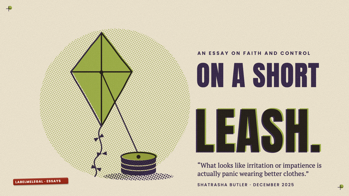 A green kite with a bow tail, held on a short taut string tied to a stack of coins, printed in two inks beside the words On a short leash.