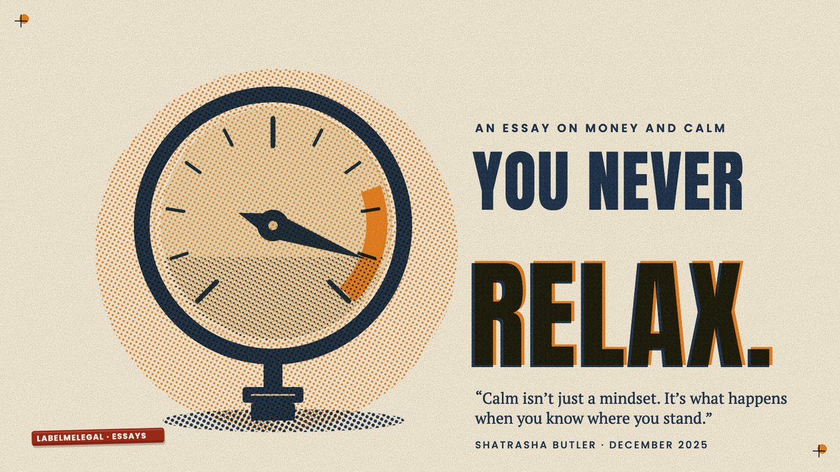 A round pressure gauge on a short pipe, its needle pushed deep into the orange zone, printed in two inks beside the words You never relax.