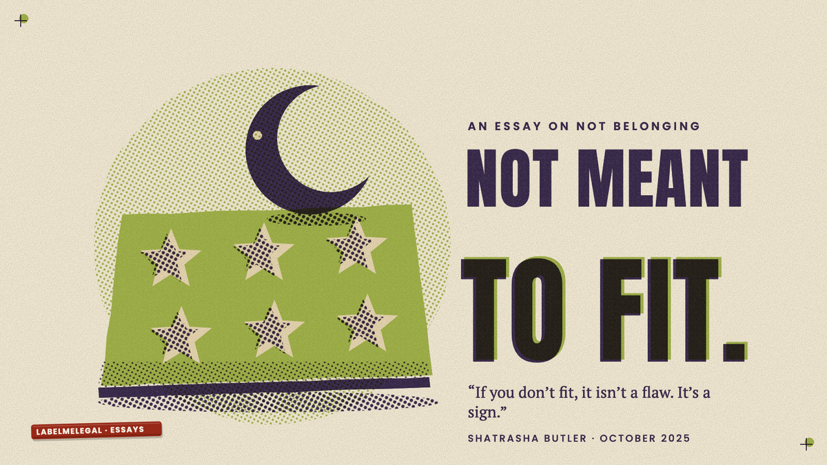 A purple crescent moon lifted above a green sheet of dough cut full of star-shaped holes, printed in two inks beside the words Not meant to fit.