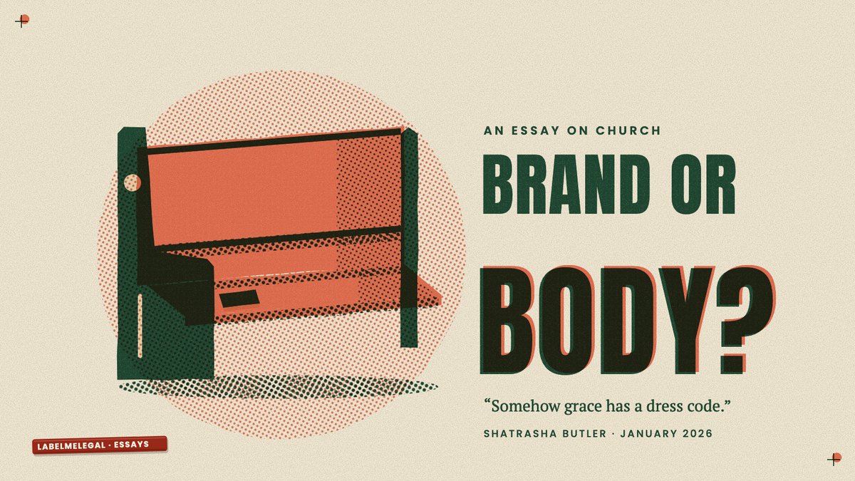 An empty wooden church pew with a hymnal left on the seat, printed in two inks beside the words Brand or body?