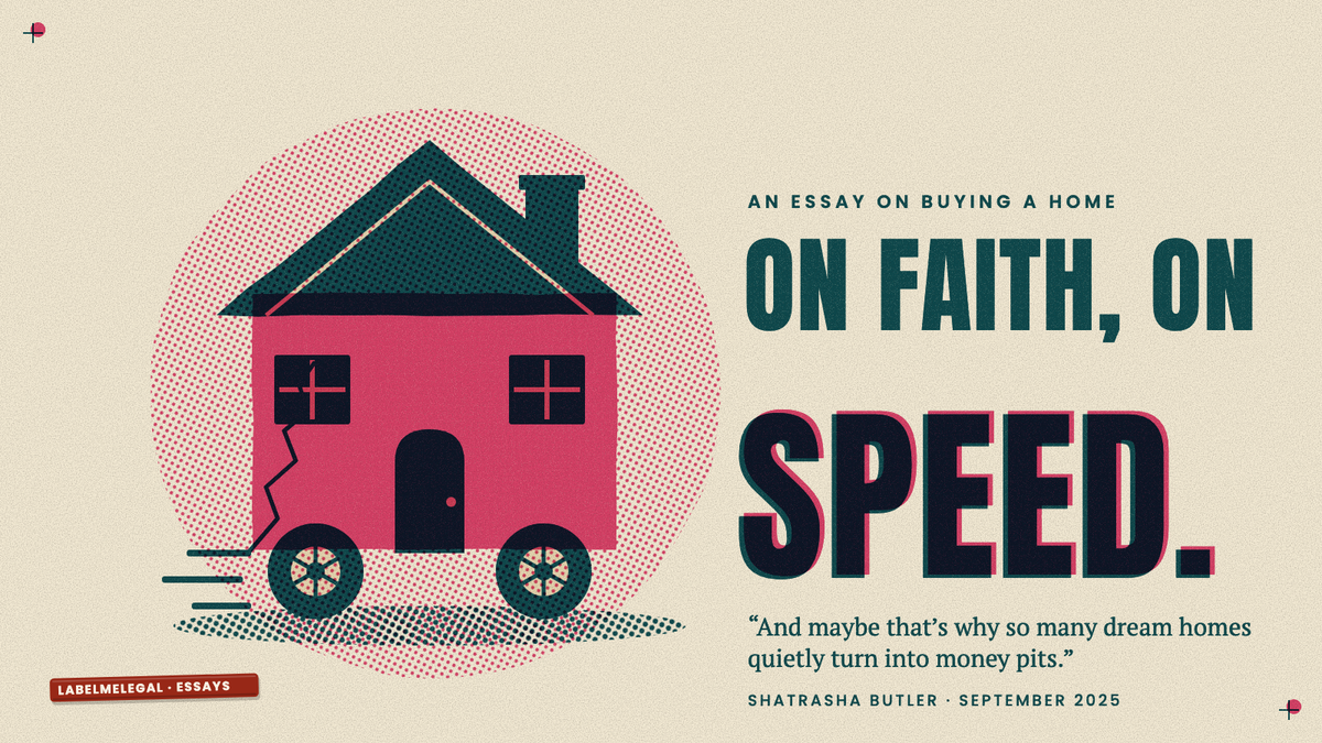 A small pink house set on car wheels, a crack climbing its wall and motion lines behind it, printed in two inks beside the words On faith, on speed.