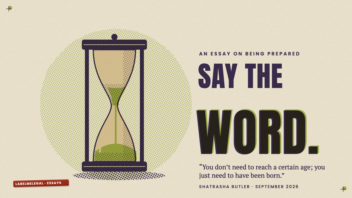 A wooden-framed hourglass with green sand running quietly from the top bulb to the bottom, printed in two inks beside the words Say the word.