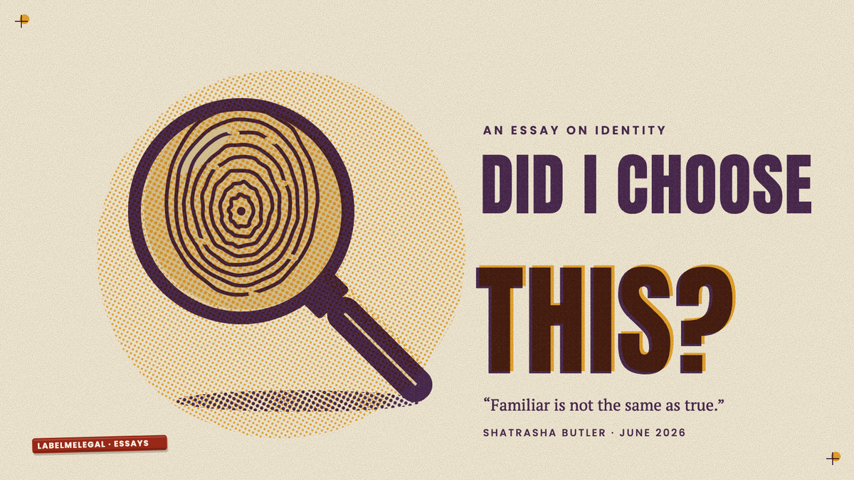 A magnifying glass held over a single fingerprint, its ridges seen through the lens, printed in two inks beside the words Did I choose this.