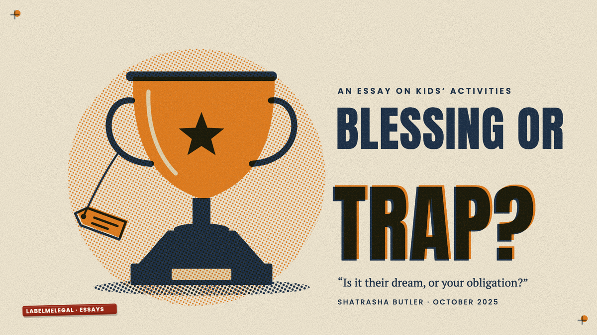 An orange sports trophy with a star on its cup and a price tag swinging from one handle, printed in two inks beside the words Blessing or trap?