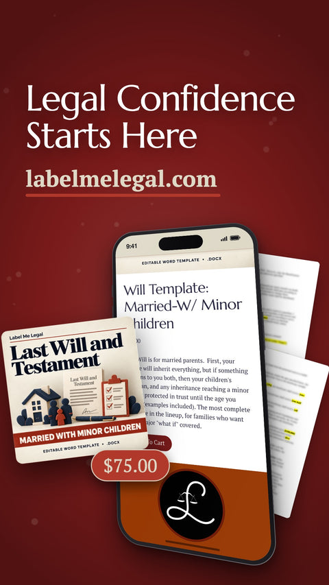 A phone showing the Will Template for married parents with minor children at $75, under the words Legal Confidence Starts Here.