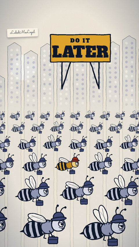 A cartoon swarm of commuting bees under a billboard that says Do it later