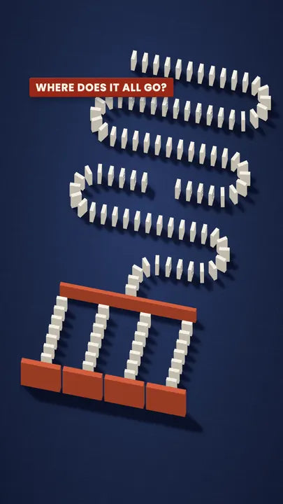 A long domino run on a navy table